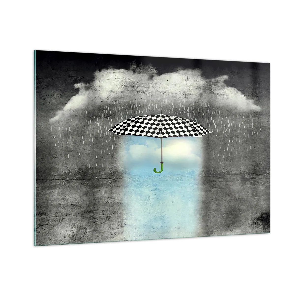 Impression sur verre - Image sur verre - Un parapluie à carreaux noir et blanc sur fond de pluie et de nuages - 100x70cm - Et pourtant c'est possible - Décoration murale moderne pour le salon et la chambre ARTTOR