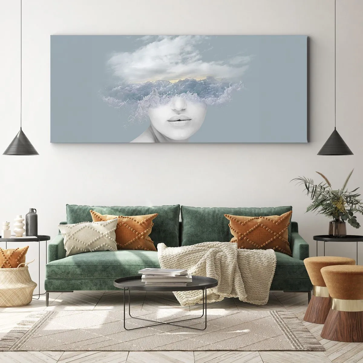Impression sur toile - Image sur toile - Portrait d'une femme avec son visage caché derrière les nuages et les vagues - 160x50cm - La tête dans les nuages - Décoration murale moderne pour le salon et la chambre ARTTOR
