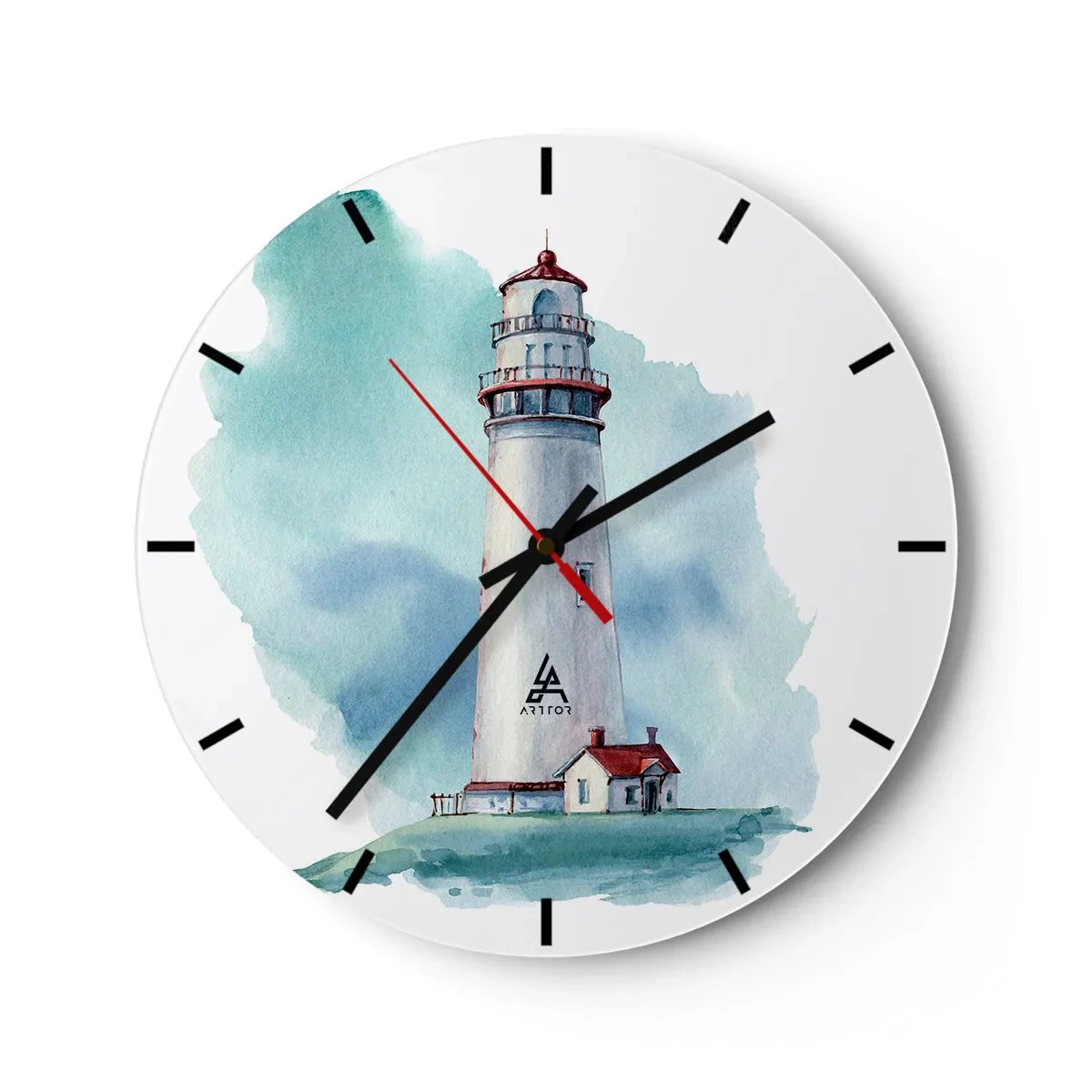 Horloge murale - Pendule murale - Un phare à l'aquarelle dans des tons de mer calmes - 30x30cm - La douce sœur du bleu - Décoration murale moderne pour le salon, la cuisine et la chambre ARTTOR