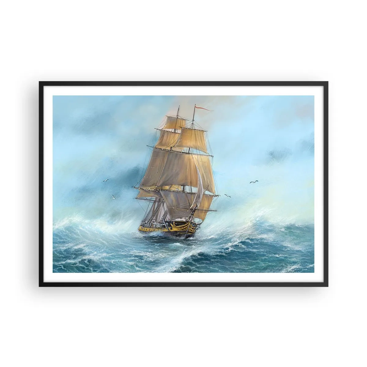 Affiche dans un cadre noir - Poster - Un voilier sur une mer agitée - 100x70cm - Se précipitant sur les vagues - Décoration murale moderne pour le salon et la chambre ARTTOR