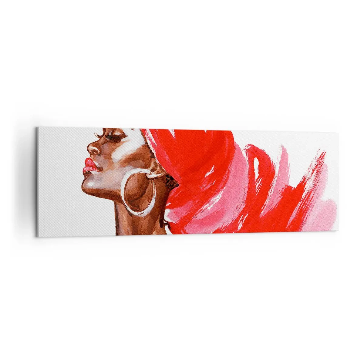 Impression sur toile - Image sur toile - Profil d'une femme avec un turban rouge et des boucles d'oreilles - 160x50cm - "Les cheveux dans le vent" - Décoration murale moderne pour le salon et la chambre ARTTOR