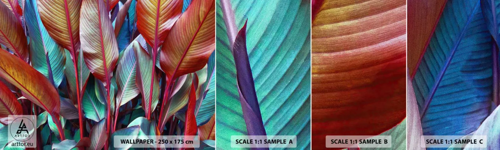 Échantillon de Papier Peint Autocollant Deluxe Sticker - Un fourré coloré - Feuilles, Botanique, Bohème - 100x30 cm