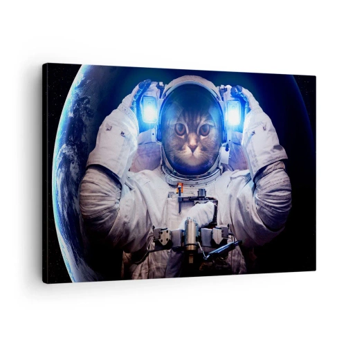 Impression sur toile - Image sur toile - Un chat dans une combinaison d'astronaute avec la Terre en arrière-plan et une lumière vive. - 70x50cm - Houston, vous avez un problème - Décoration murale moderne pour le salon et la chambre ARTTOR