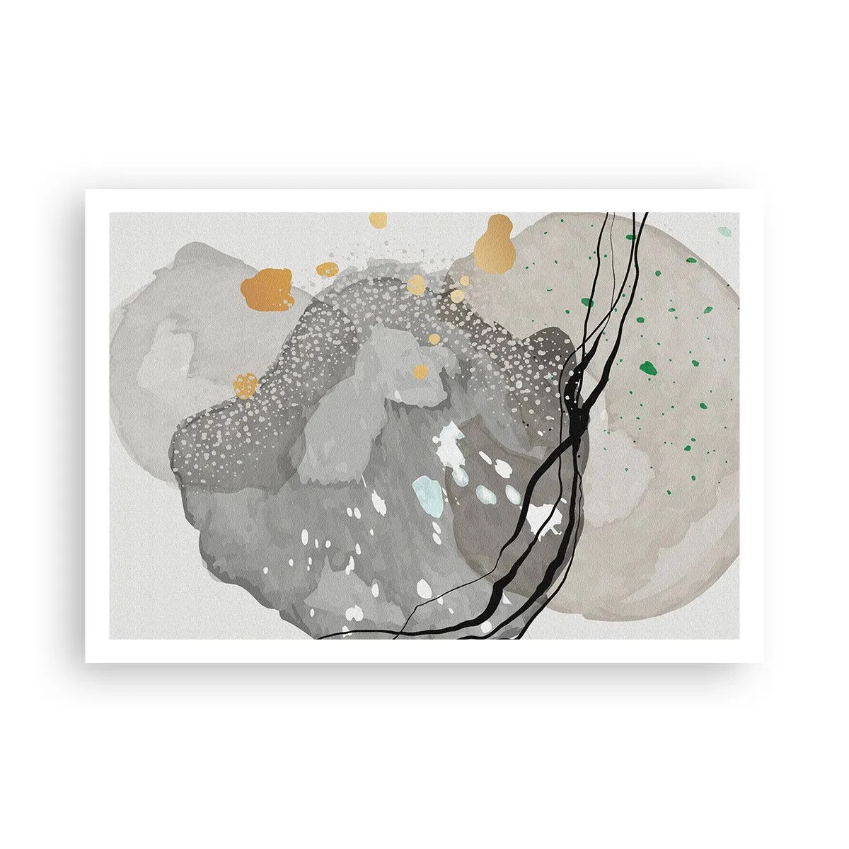 Affiche - Poster - Formes organiques dans des tons de gris avec des accents de noir et d'or - 100x70cm - Composition organique - Décoration murale moderne pour le salon et la chambre ARTTOR