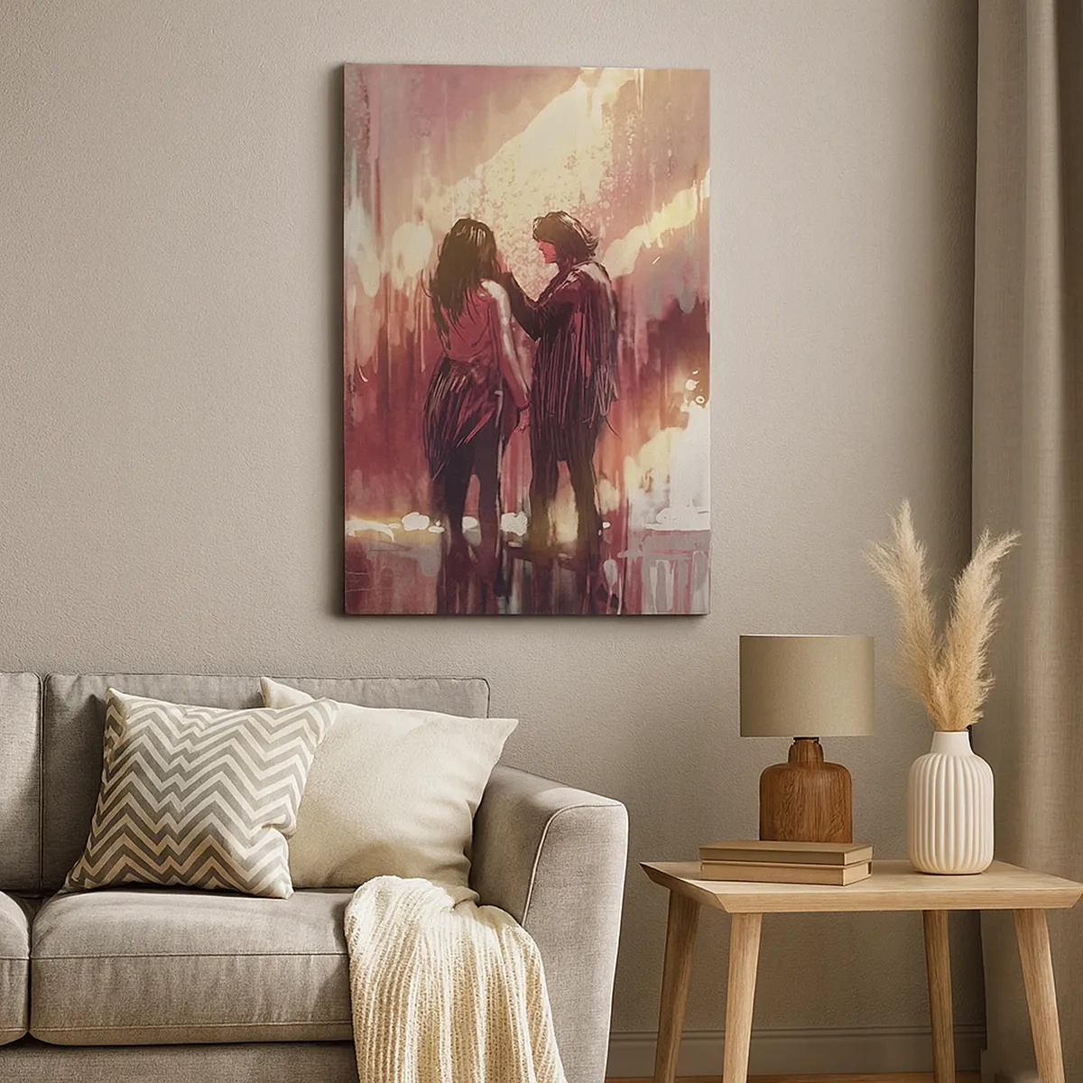 Impression sur toile - Image sur toile - Un couple debout dans une lumière chaude sur fond de motifs abstraits - 50x70cm - L'éternel spectacle de l'amour - Décoration murale moderne pour le salon et la chambre ARTTOR