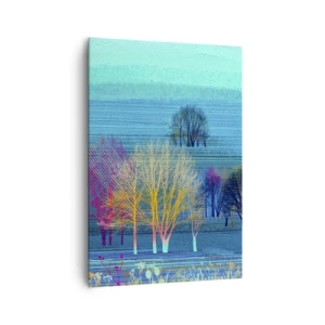 Impression sur toile - Image sur toile - Arbres colorés sur un paysage bleu et minimaliste - 70x100cm - Un paysage soigné - Décoration murale moderne pour le salon et la chambre ARTTOR