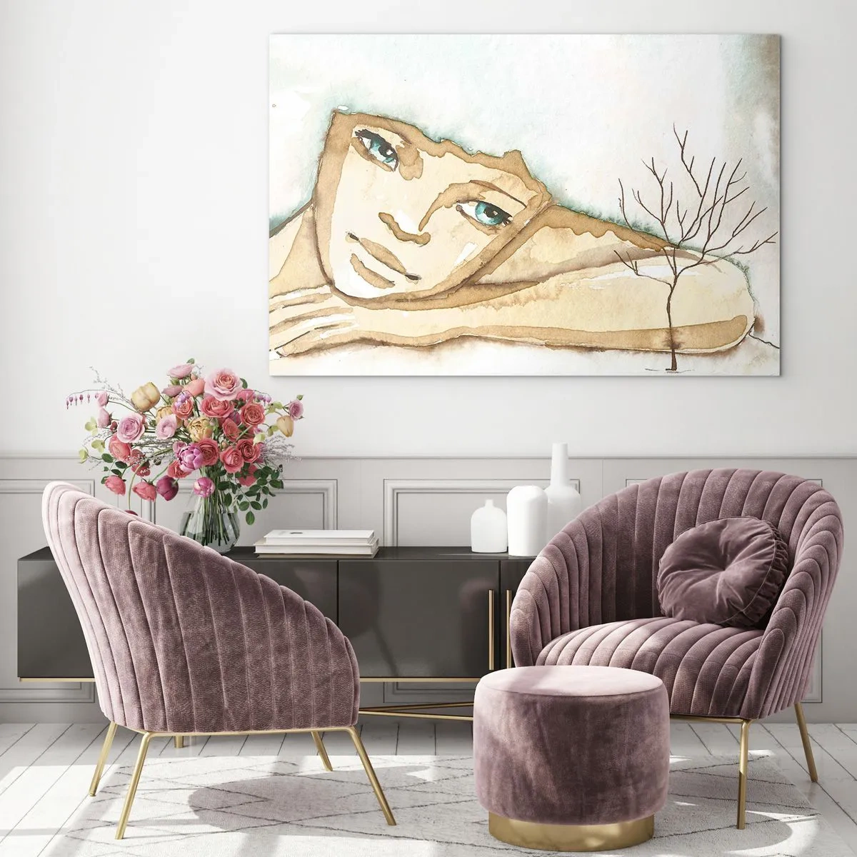 Impression sur verre - Image sur verre - Une figure subtile d'une femme avec un arbre sur un fond de couleurs aquarelles - 100x70cm - L'arbre de la poésie naît du silence - Décoration murale moderne pour le salon et la chambre ARTTOR