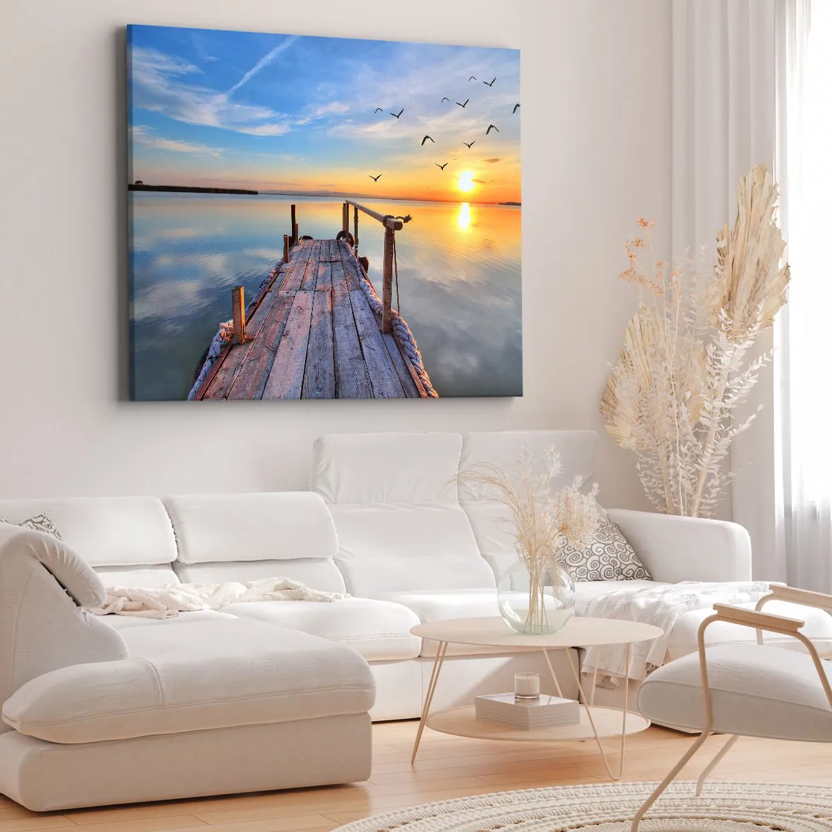 Impression sur toile - Image sur toile - Jetée en bois au coucher du soleil sur un lac calme - 120x80cm - Marcher droit vers le soleil - Décoration murale moderne pour le salon et la chambre ARTTOR