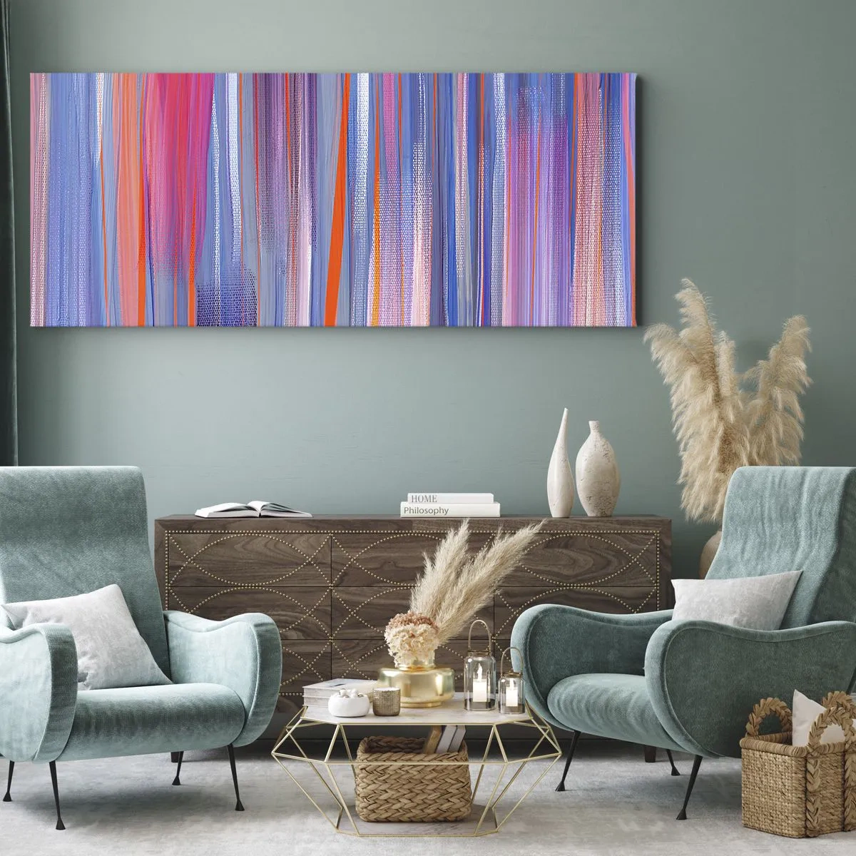 Impression sur toile - Image sur toile - Lignes verticales abstraites dans des tons de bleu et de rose - 140x50cm - Ascension - Décoration murale moderne pour le salon et la chambre ARTTOR