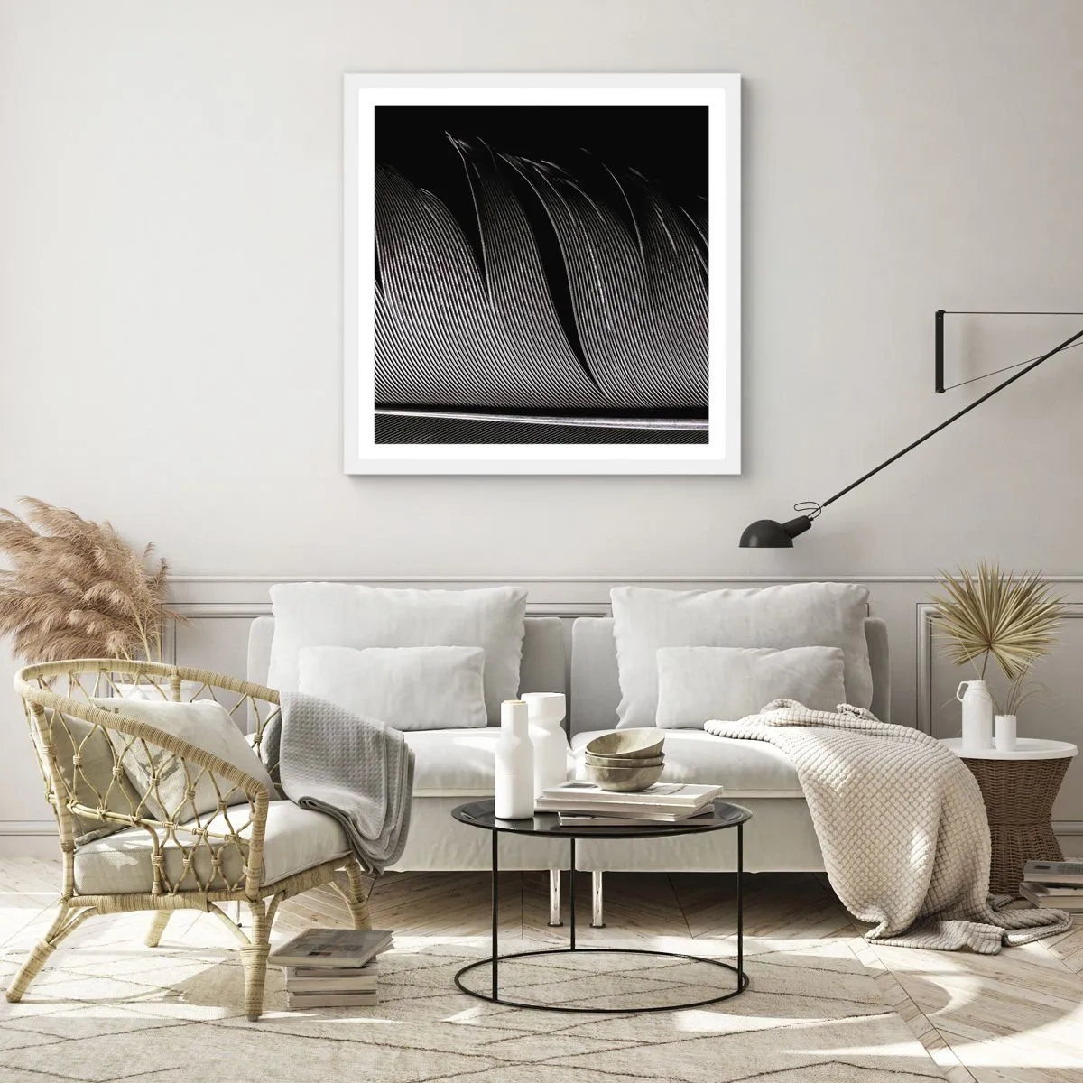 Affiche dans un cadre blanc - Poster - La plume – un design magnifique - 60x60 cm