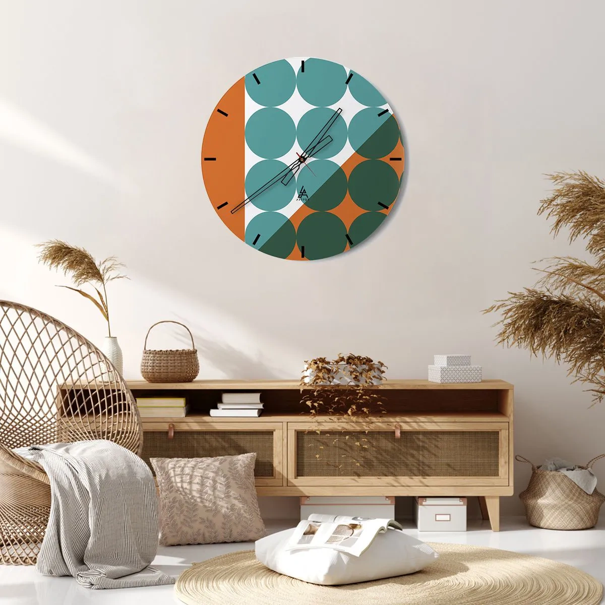 Horloge murale - Pendule murale - Cercles géométriques dans les tons de vert et d'orange - 30x30cm - En haut et en diagonale - Décoration murale moderne pour le salon, la cuisine et la chambre ARTTOR