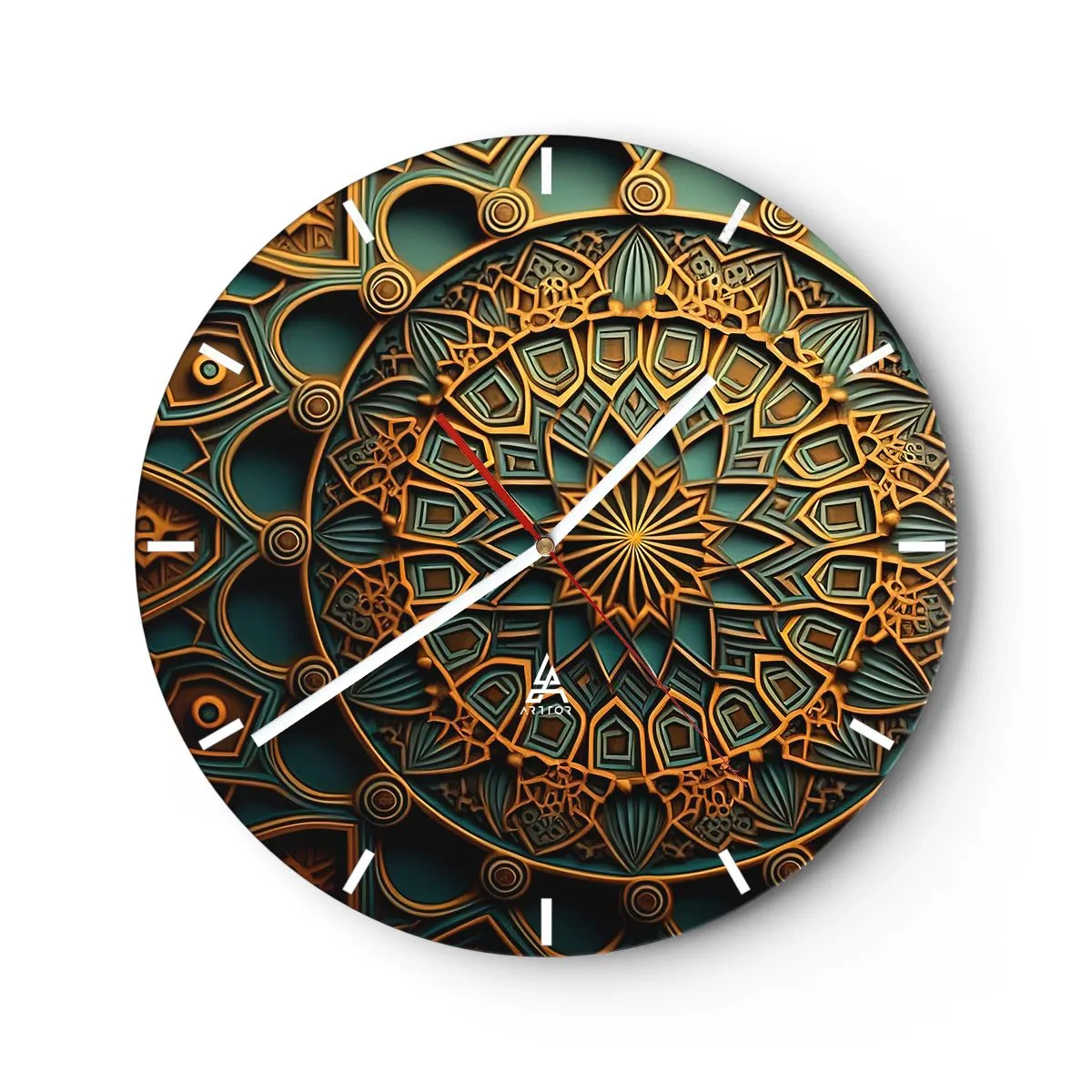 Horloge murale - Pendule murale - Mosaïque de style arabe dorée et turquoise à motifs géométriques - 30x30cm - Dans une ambiance arabe - Décoration murale moderne pour le salon, la cuisine et la chambre ARTTOR