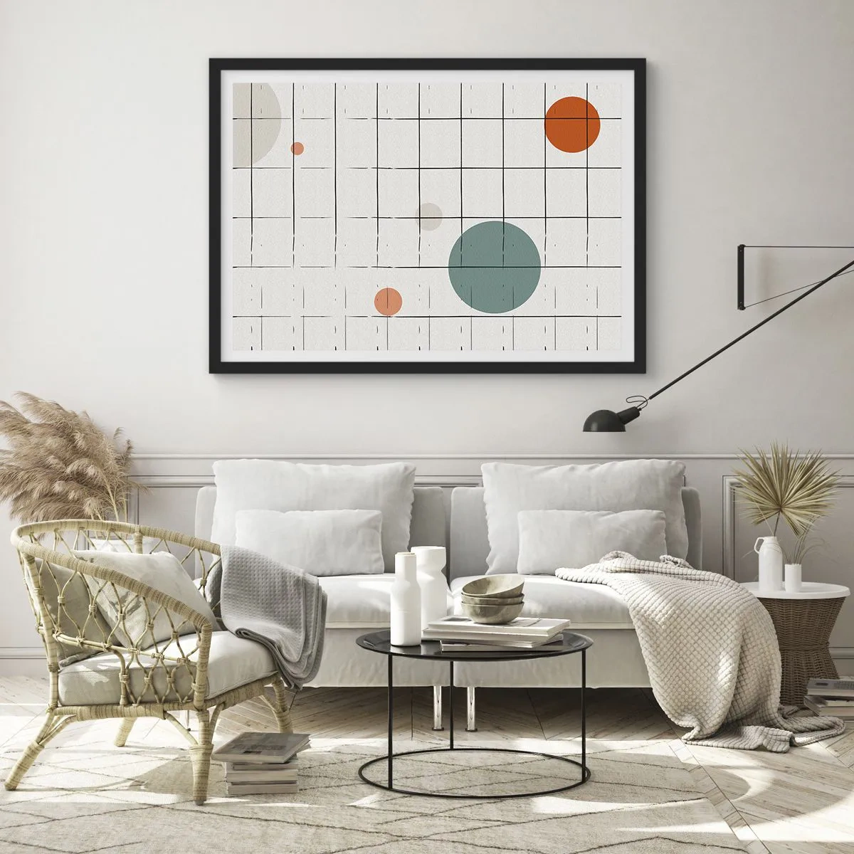 Affiche dans un cadre noir - Poster - Cercles colorés abstraits sur un fond de grille géométrique - 70x50cm - Piégé. Nous ou eux ? - Décoration murale moderne pour le salon et la chambre ARTTOR