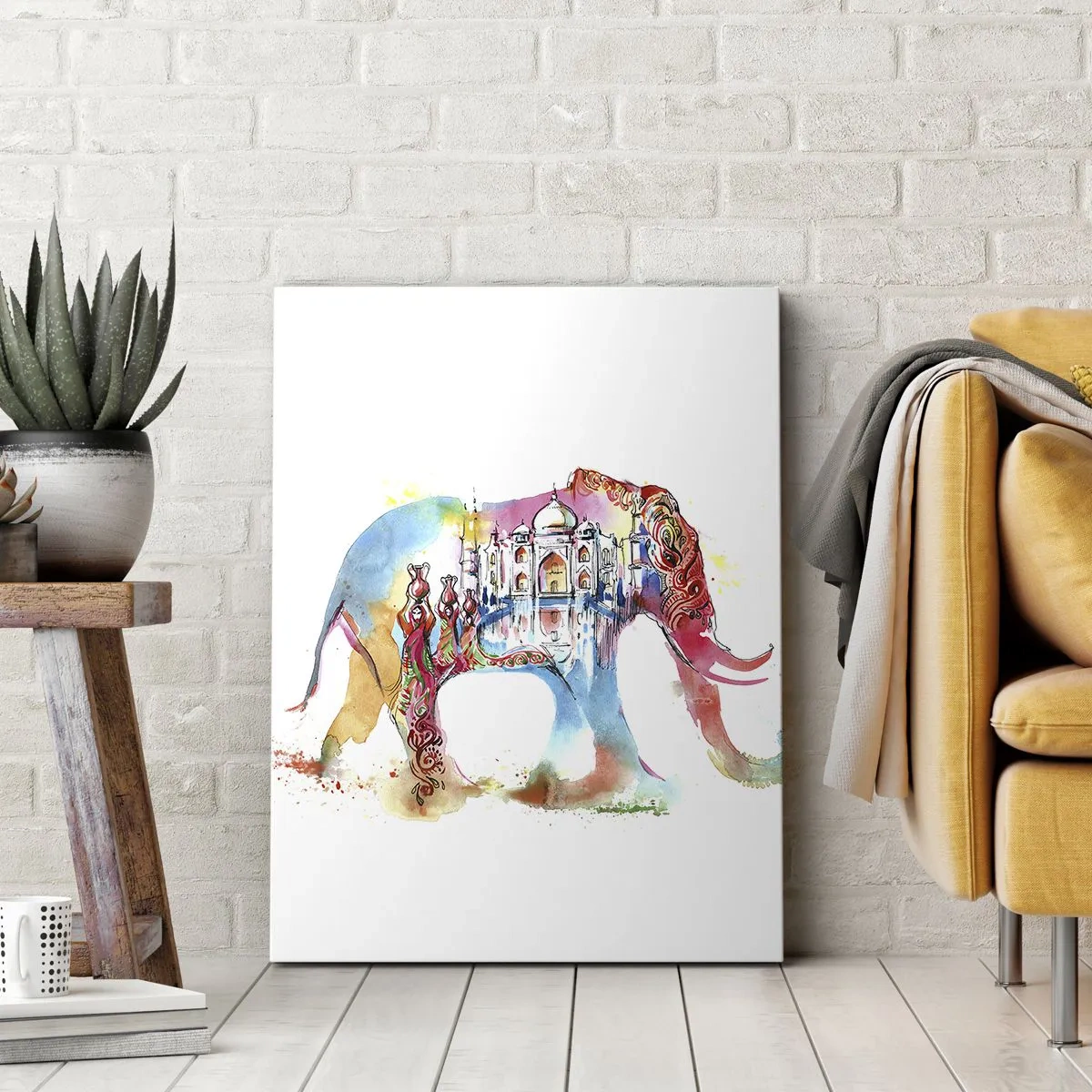 Impression sur toile - Image sur toile - Aquarelle colorée d'un éléphant avec un motif du Taj Mahal - 50x70cm - Inde - l'aura de l'amour - Décoration murale moderne pour le salon et la chambre ARTTOR