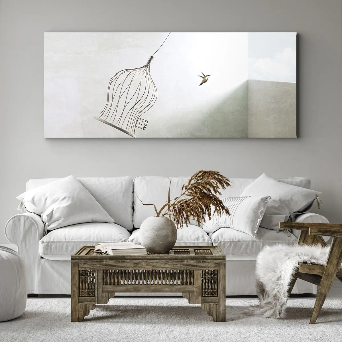 Impression sur toile - Image sur toile - Un oiseau libéré d'une cage sur fond de ciel lumineux - 160x50cm - Dans son élément - Décoration murale moderne pour le salon et la chambre ARTTOR