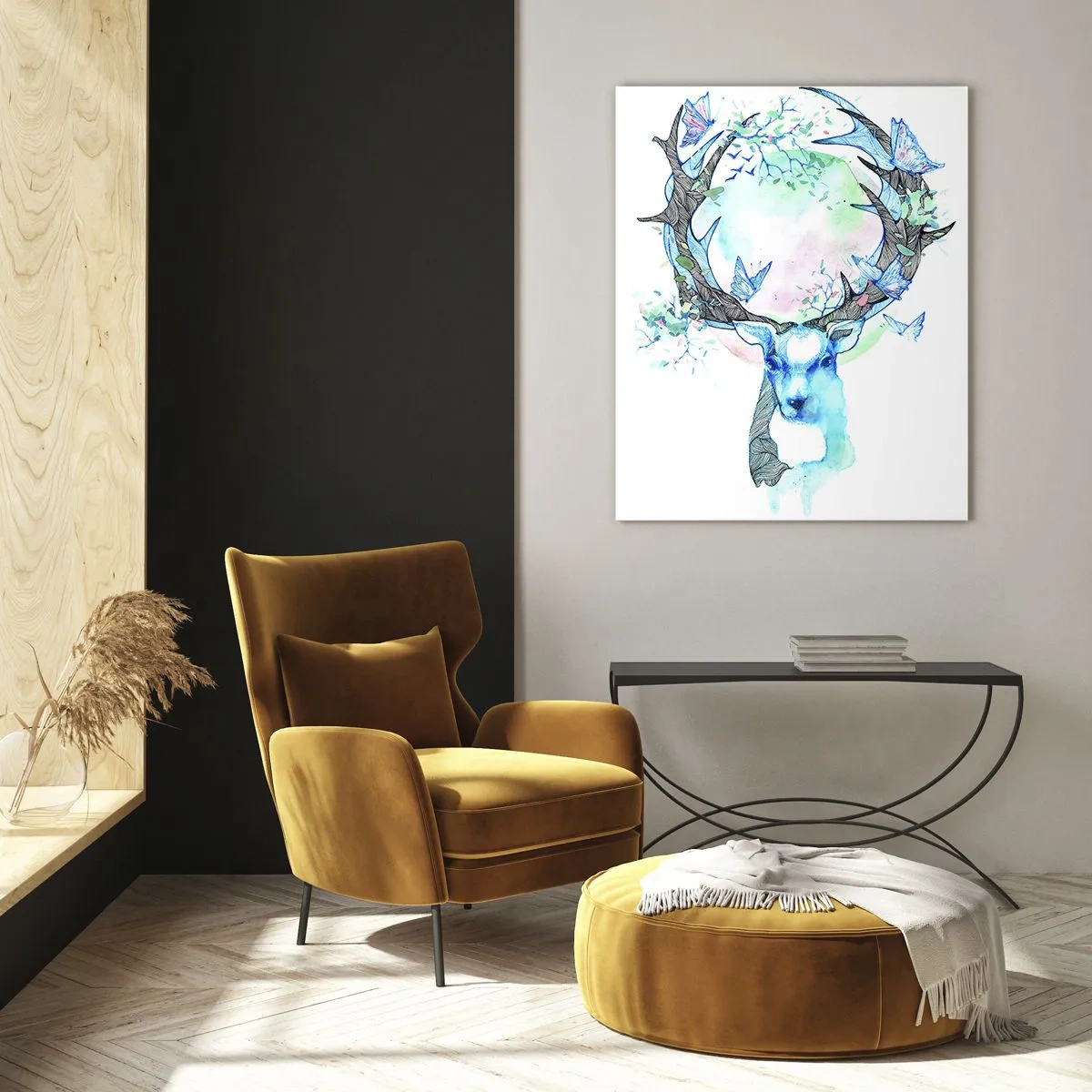Impression sur verre - Image sur verre - Un graphique de cerf fantaisiste avec un motif de nature et de papillon - 70x100cm - La force et la délicatesse de la nature - Décoration murale moderne pour le salon et la chambre ARTTOR
