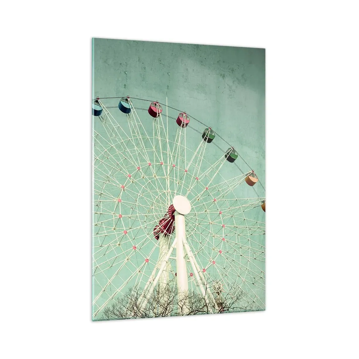 Impression sur verre - Image sur verre - Une grande roue colorée contre un ciel bleu dans un style rétro - 70x100cm - Nous vous invitons à vous amuser - Décoration murale moderne pour le salon et la chambre ARTTOR