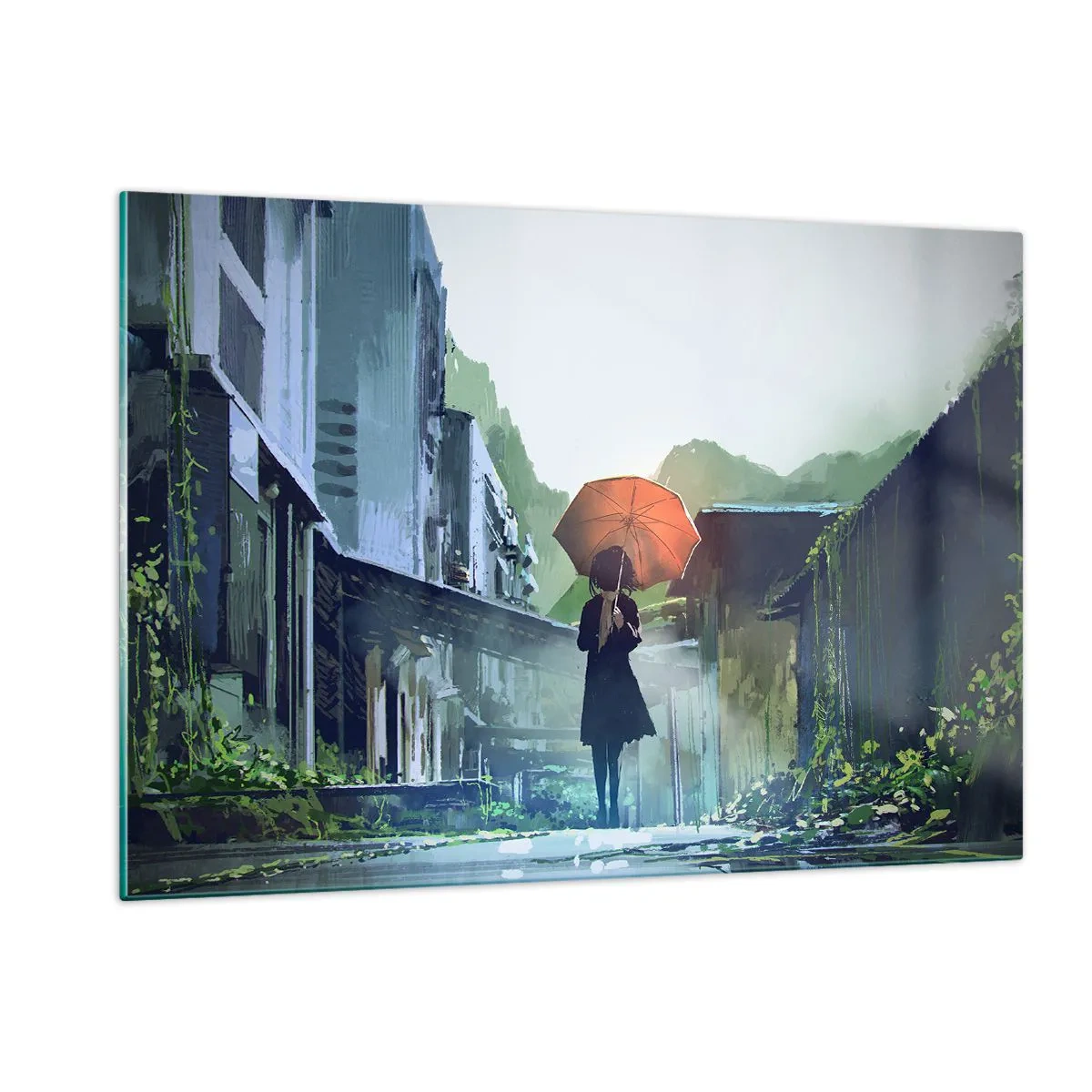 Impression sur verre - Image sur verre - Une silhouette avec un parapluie orange dans une rue pluvieuse - 120x80cm - Pluie vivifiante - Décoration murale moderne pour le salon et la chambre ARTTOR