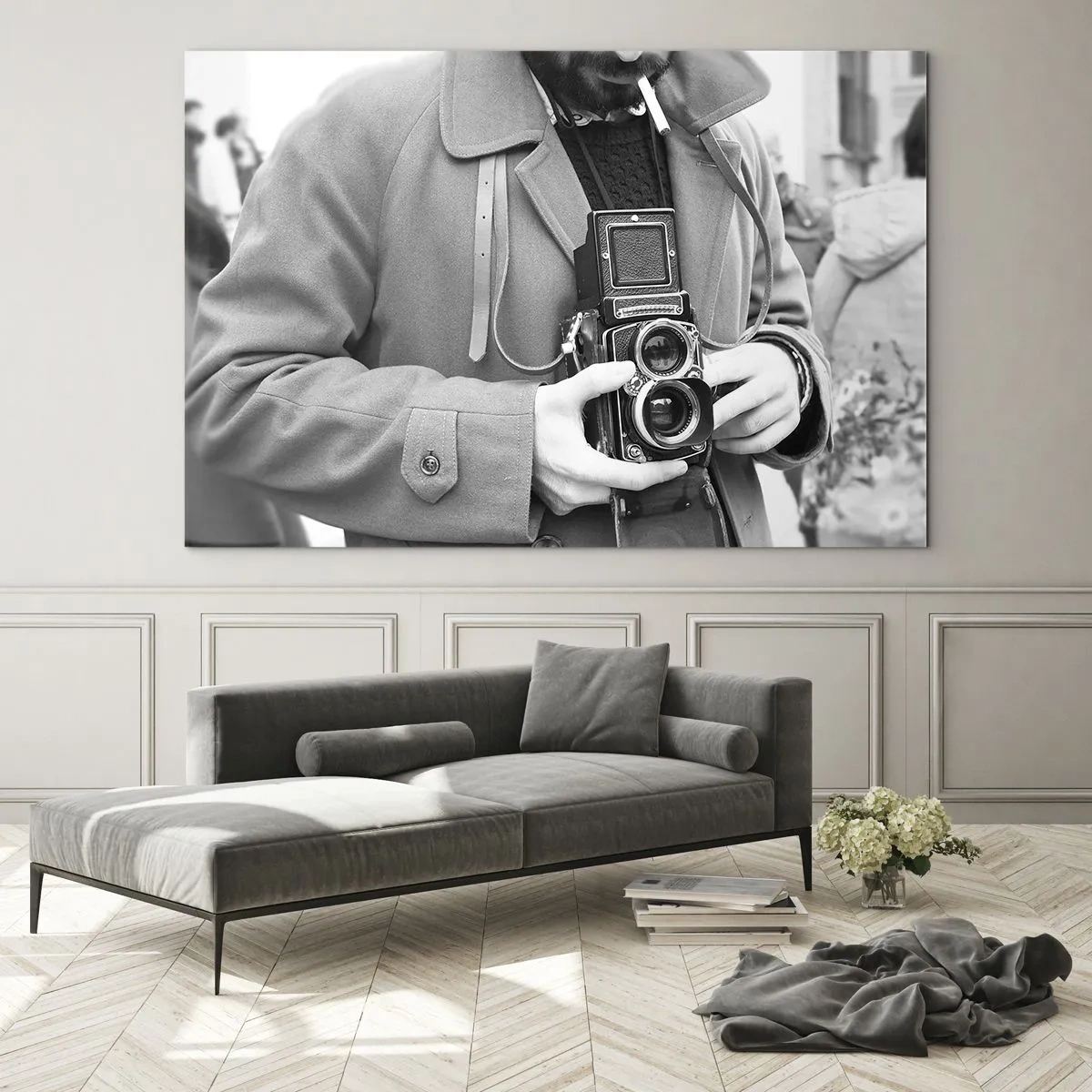Impression sur verre - Image sur verre - Photo en noir et blanc d'un homme avec un appareil photo analogique - 70x50cm - Dans un style rétro - Décoration murale moderne pour le salon et la chambre ARTTOR