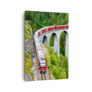 Impression sur toile - Image sur toile - Un train sur un viaduc pittoresque dans un paysage montagneux - 70x100cm - Chemin de fer avec vue sur la montagne - Décoration murale moderne pour le salon et la chambre ARTTOR