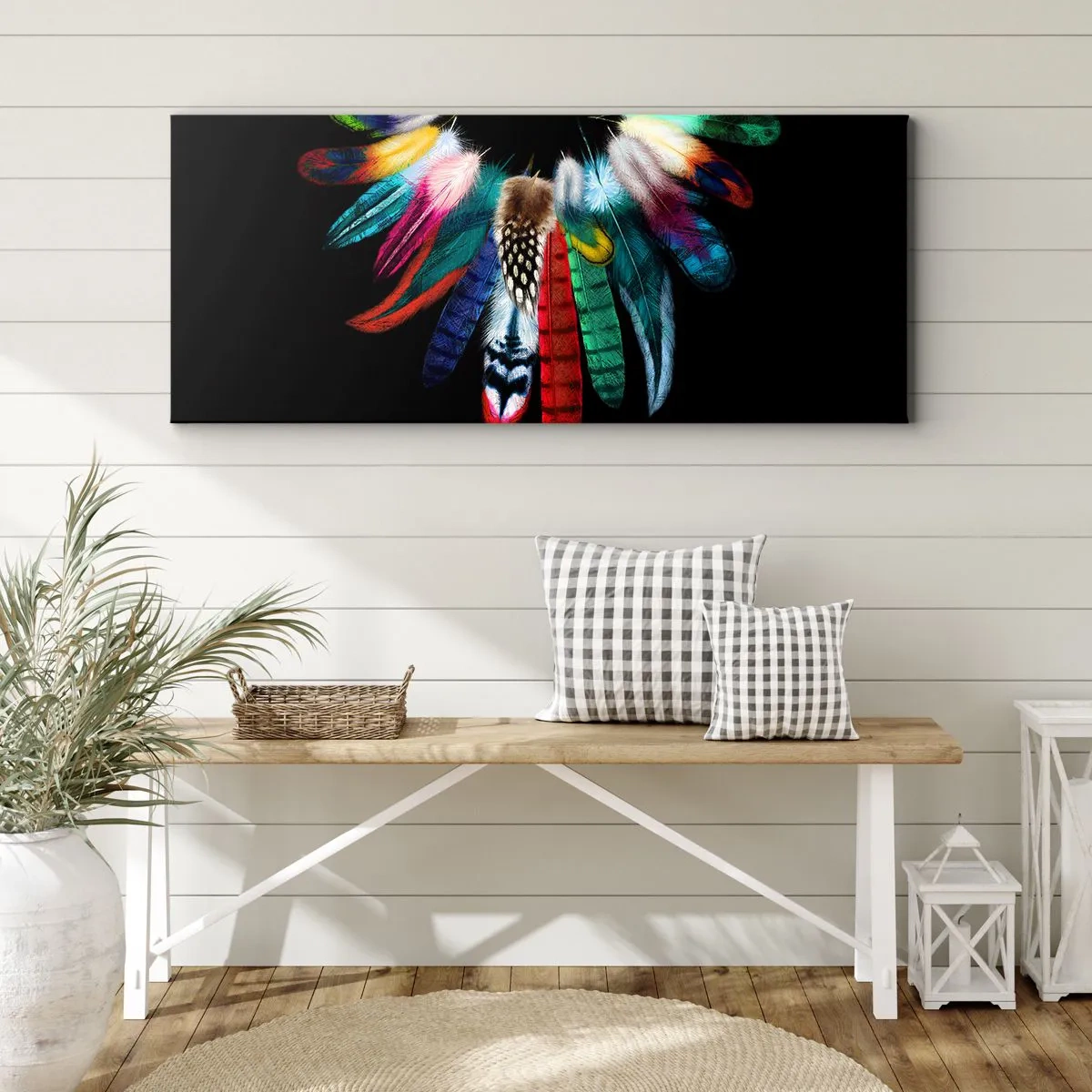 Impression sur toile - Image sur toile - Plumes colorées sur fond noir dans une composition artistique - 160x50cm - Collier indien - Décoration murale moderne pour le salon et la chambre ARTTOR