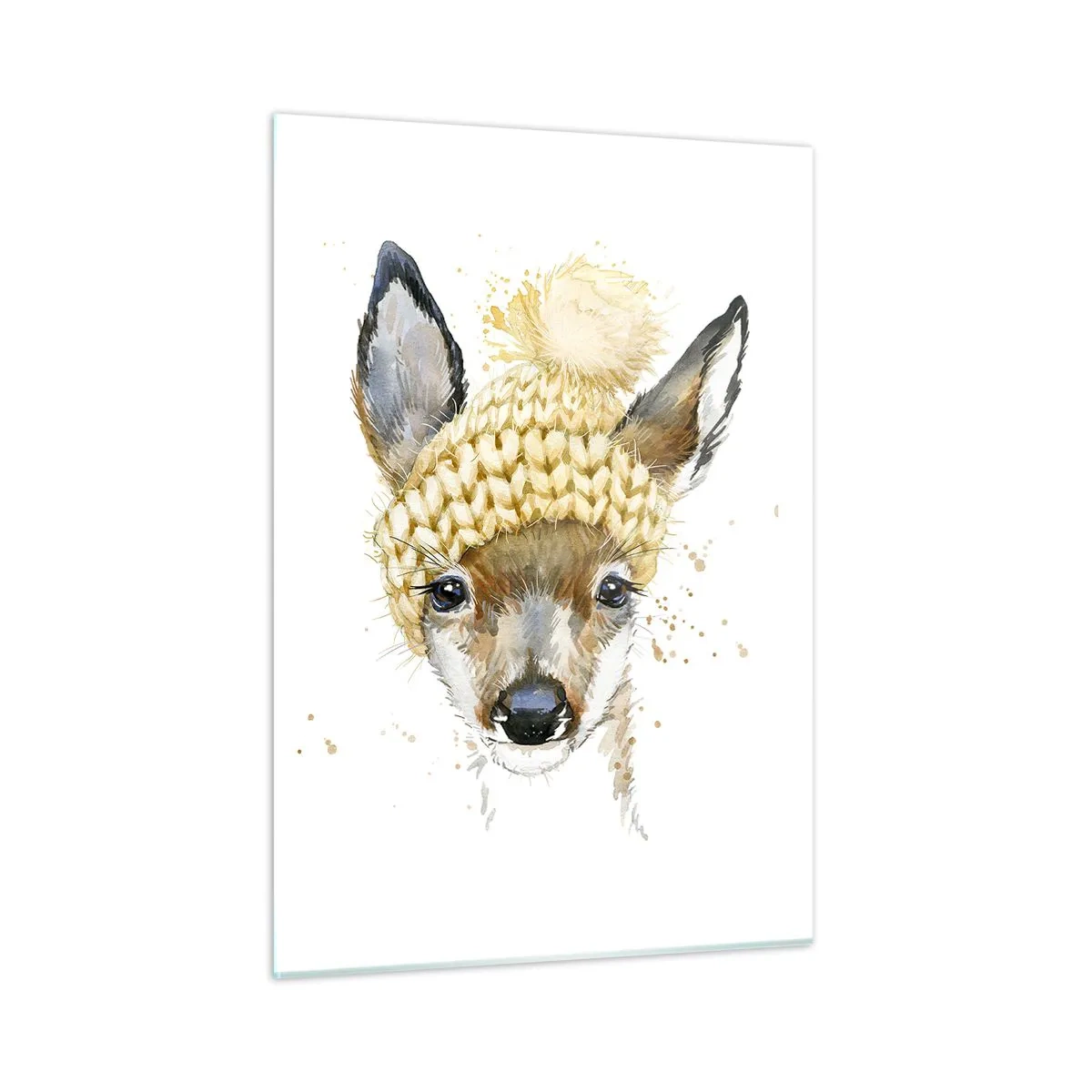 Impression sur verre - Image sur verre - Un chevreuil dans un bonnet en laine avec un pompon - 50x70cm - Pour l'hiver dans la forêt enneigée - Décoration murale moderne pour le salon et la chambre ARTTOR