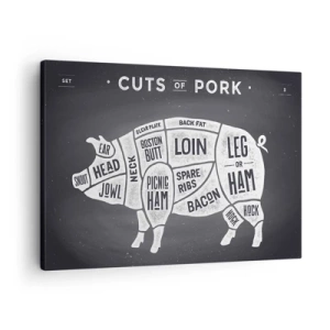 Impression sur toile - Image sur toile - Diagramme des coupes de porc sur fond noir - 70x50cm - L'art de la découpe - Décoration murale moderne pour le salon et la chambre ARTTOR