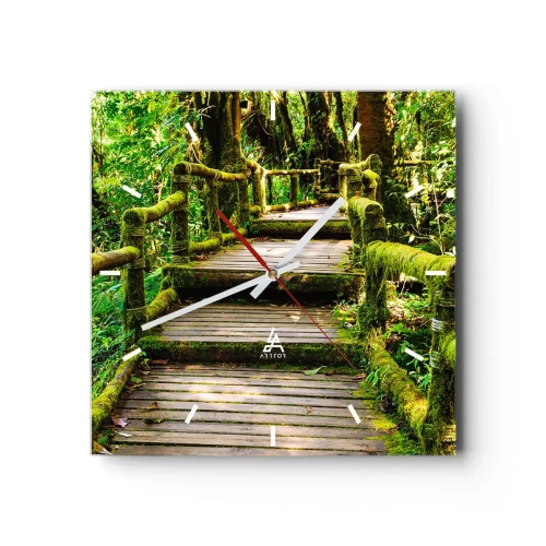Horloge murale - Pendule murale - Un pont en bois recouvert de mousse dans une forêt tropicale - 30x30cm - Un couloir de verdure - Décoration murale moderne pour le salon et la chambre ARTTOR