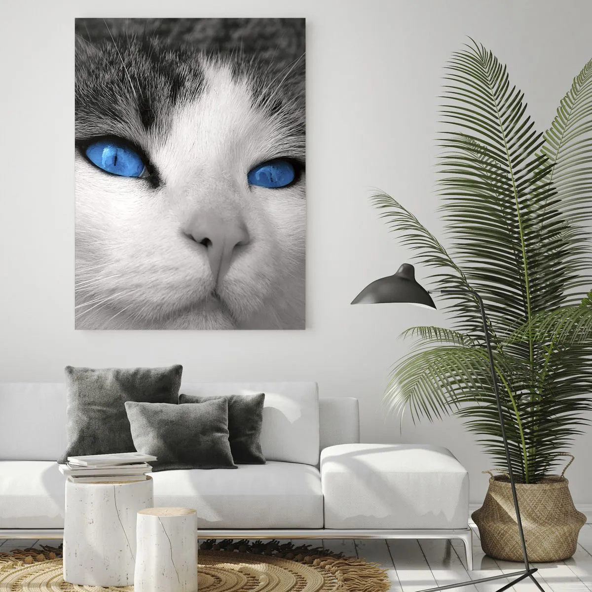 Impression sur verre - Image sur verre - Portrait d'un chat aux yeux bleus en noir et blanc - 70x100cm - Yeux bleus inhabituels - Décoration murale moderne pour le salon et la chambre ARTTOR