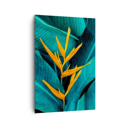 Impression sur toile - Image sur toile - Une fleur exotique sur fond de feuilles de bananier aux tons turquoise. - 70x100cm - Fleur d'Eden - Décoration murale moderne pour le salon et la chambre ARTTOR