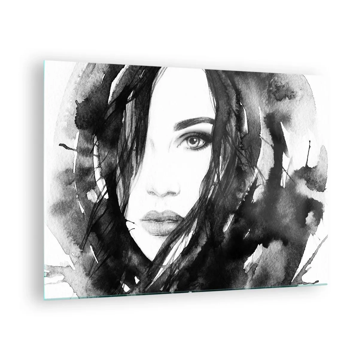 Impression sur verre - Image sur verre - Portraits féminins à l'aquarelle en noir et blanc - 70x50cm - Portrait d'une dame en noir et blanc - Décoration murale moderne pour le salon et la chambre ARTTOR