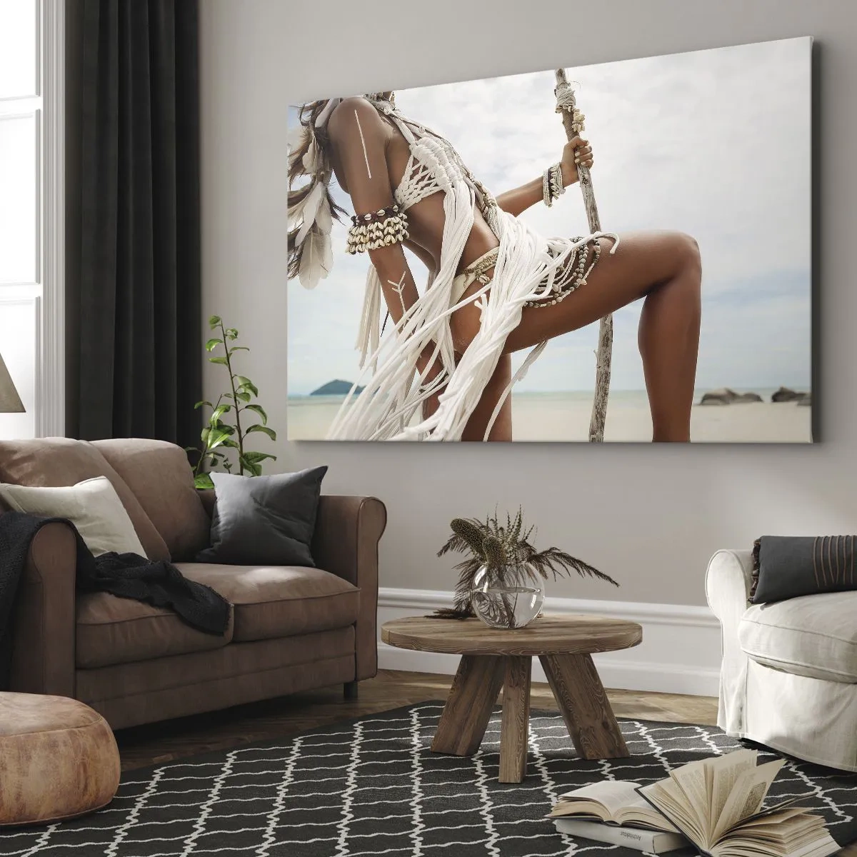 Impression sur toile - Image sur toile - Figure d'une femme portant des ornements et des vêtements ethniques sur fond de paysage tropical. - 100x70cm - Prêtresse du soleil - Décoration murale moderne pour le salon et la chambre ARTTOR