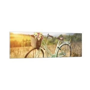 Impression sur verre - Image sur verre - Un vélo rétro avec un panier rempli de fleurs sur fond de prairie. - 160x50cm - Je vais rester un petit moment - Décoration murale moderne pour le salon et la chambre ARTTOR