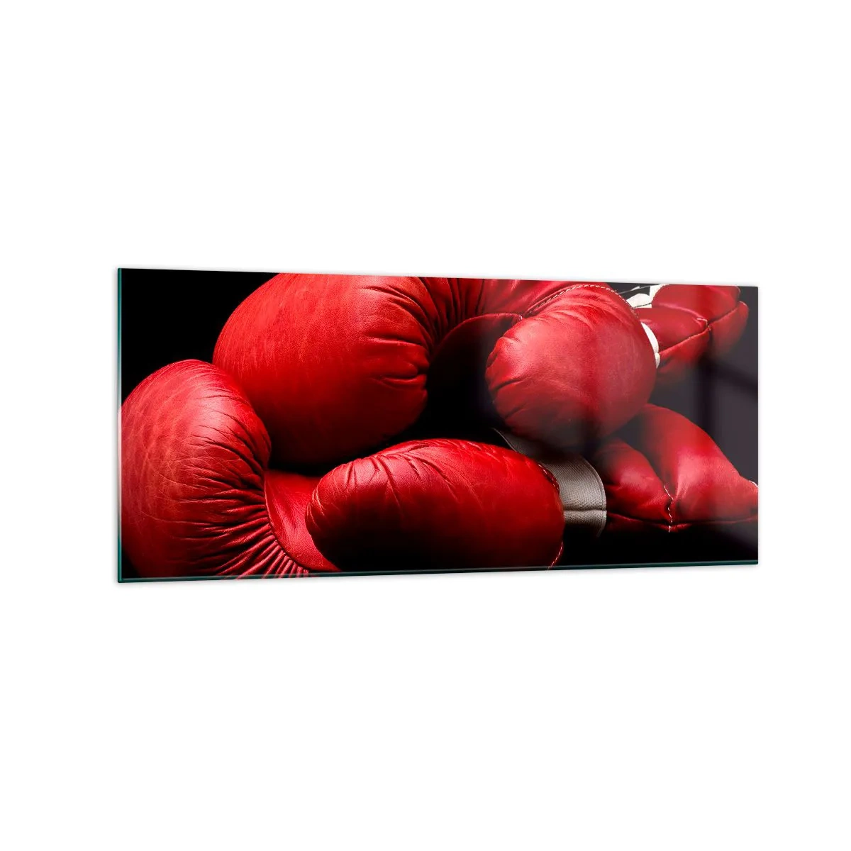 Impression sur verre - Image sur verre - Gants de boxe rouges sur fond noir - 120x50cm - Les émotions du combat sont derrière nous - Décoration murale moderne pour le salon et la chambre ARTTOR