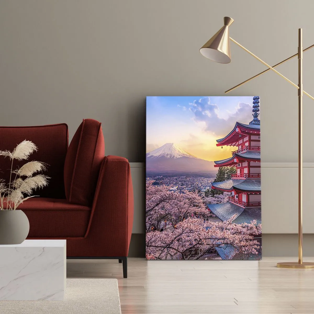 Impression sur toile - Image sur toile - Une pagode au Japon avec des cerisiers en fleurs et le mont Fuji - 80x120cm - Essence d'âme japonnaise - Décoration murale moderne pour le salon et la chambre ARTTOR