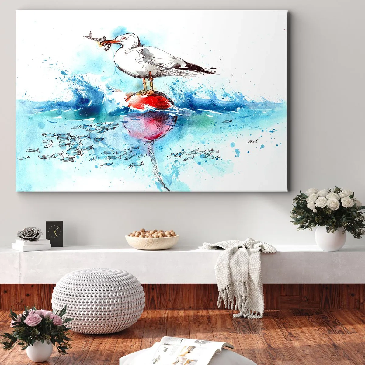 Impression sur toile - Image sur toile - Mouette sur une bouée avec des poissons en arrière-plan dans un style aquarelle - 120x80cm - Prise réussie - Décoration murale moderne pour le salon et la chambre ARTTOR