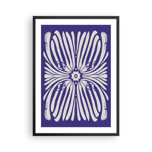 Affiche dans un cadre noir - Poster - Motif floral rétro symétrique sur fond bleu marine - 50x70cm - Inspirations ethniques - Décoration murale moderne pour le salon et la chambre ARTTOR
