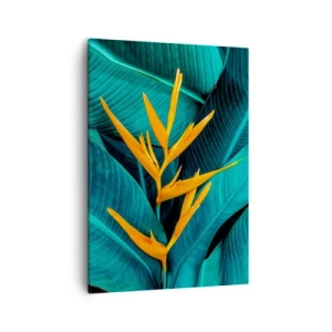 Impression sur toile - Image sur toile - Une fleur exotique sur fond de feuilles de bananier aux tons turquoise. - 50x70cm - Fleur d'Eden - Décoration murale moderne pour le salon et la chambre ARTTOR