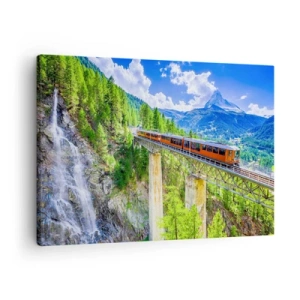 Impression sur toile - Image sur toile - Des montagnes russes sur un pont avec vue sur une cascade et des montagnes - 70x50cm - Train dans les Alpes - Décoration murale moderne pour le salon et la chambre ARTTOR