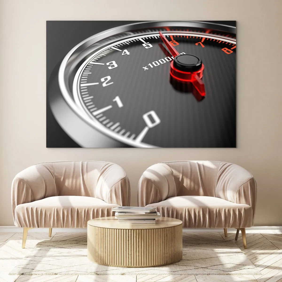 Impression sur verre - Image sur verre - Compte-tours dans une voiture de sport avec indication rouge - 120x80cm - Faites le plein - Décoration murale moderne pour le salon et la chambre ARTTOR
