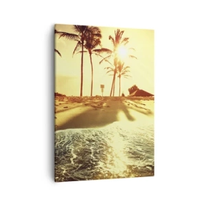 Impression sur toile - Image sur toile - Une plage avec des palmiers illuminée par un coucher de soleil chaud - 50x70cm - Après-midi californien - Décoration murale moderne pour le salon et la chambre ARTTOR