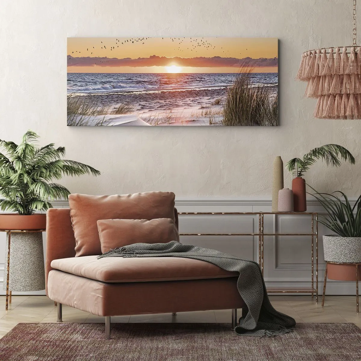 Impression sur toile - Image sur toile - Coucher de soleil sur la mer avec vue sur les dunes - 120x50cm - Paysage horizontal - Décoration murale moderne pour le salon et la chambre ARTTOR