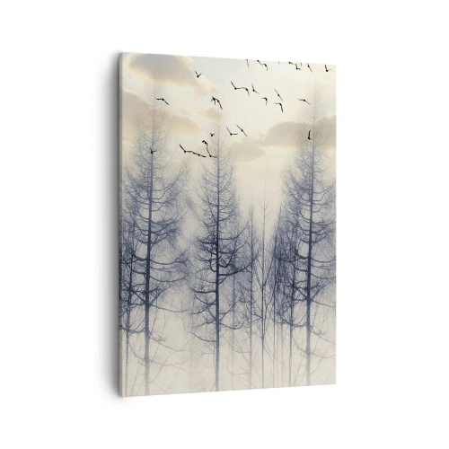 Impression sur toile - Image sur toile - Forêt brumeuse avec des oiseaux contre le ciel du coucher du soleil - 50x70cm - L'âme de la forêt - Décoration murale moderne pour le salon et la chambre ARTTOR