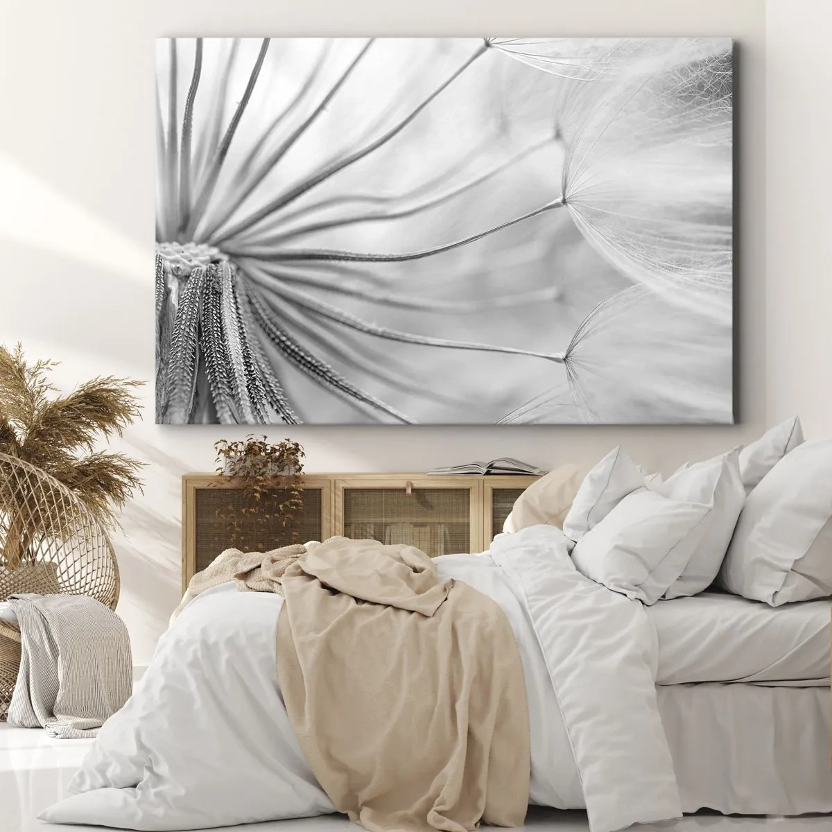 Impression sur toile - Image sur toile - Pissenlits délicats dans des tons noir et blanc - 100x70cm - Aigrette avant son envol - Décoration murale moderne pour le salon et la chambre ARTTOR