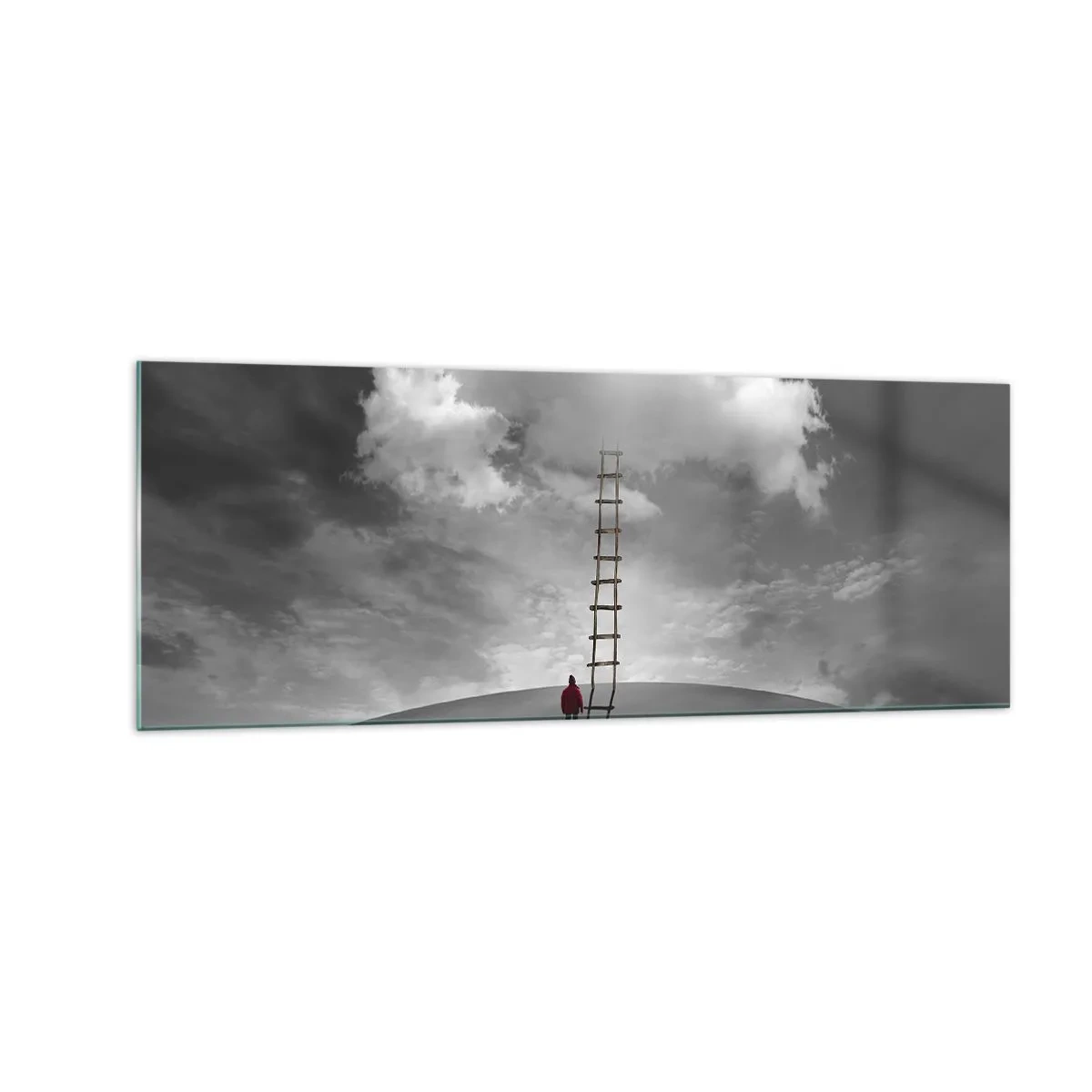 Impression sur verre - Image sur verre - Une personne portant un manteau rouge et une échelle menant à un nuage - 140x50cm - Tout est possible - Décoration murale moderne pour le salon et la chambre ARTTOR