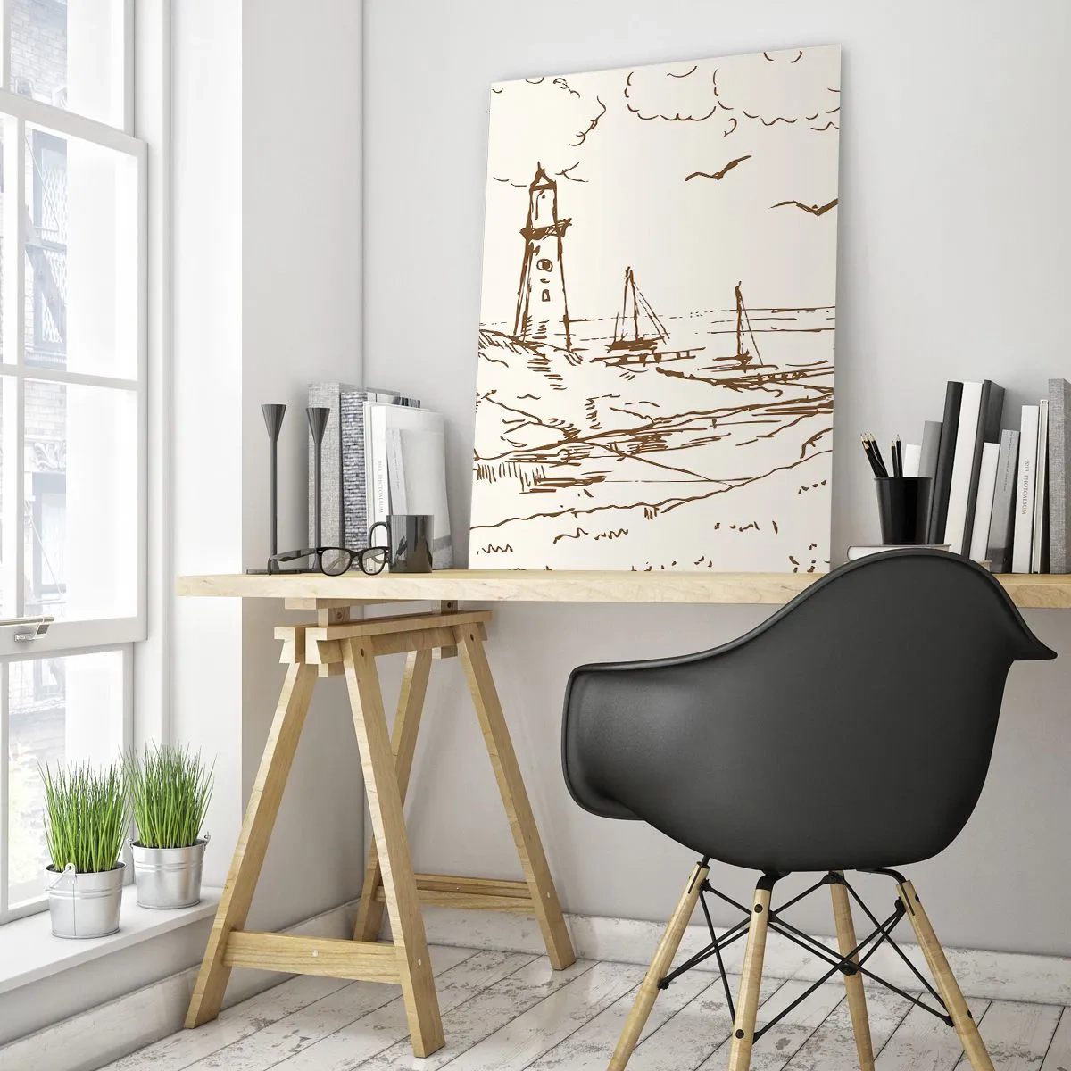 Impression sur verre - Image sur verre - Croquis d'un phare surplombant la mer - 70x100cm - Esquisse de souvenirs d'été - Décoration murale moderne pour le salon et la chambre ARTTOR