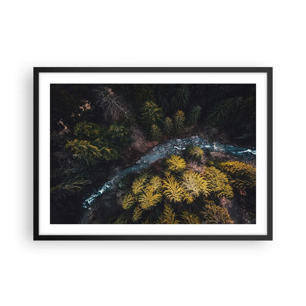 Affiche dans un cadre noir - Poster - Vue d'en haut d'une forêt avec une rivière sinueuse - 70x50cm - De plus en plus vite - Décoration murale moderne pour le salon et la chambre ARTTOR