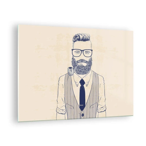 Impression sur verre - Image sur verre - Un homme stylisé avec une barbe, des lunettes et une pipe sur un fond clair. - 70x50cm - Gai, masculin et à la mode - Décoration murale moderne pour le salon et la chambre ARTTOR