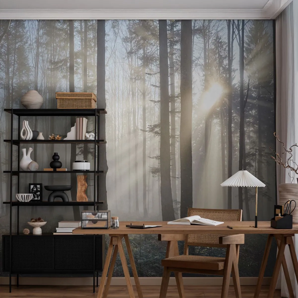 Papier Peint Photo Premium Sand - Une forêt brumeuse avec des rayons de soleil qui brillent à travers les arbres - 100x70cm - Le brouillard s'est aussi réveillé - Décoration murale moderne pour le salon et la chambre ARTTOR
