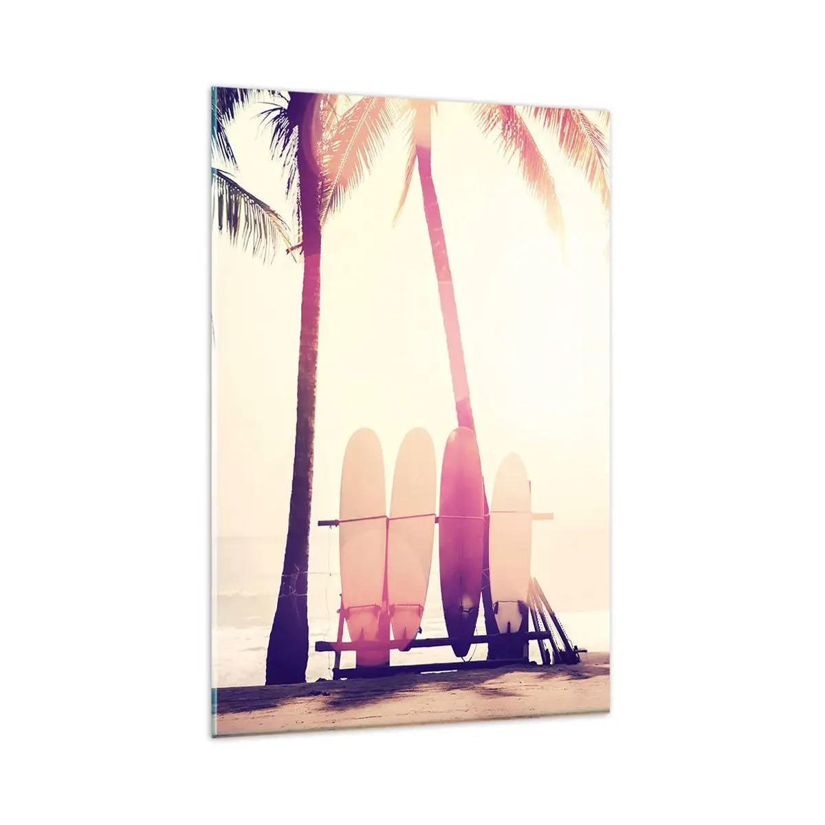 Impression sur verre - Image sur verre - Palmiers et planches de surf sur la plage au soleil - 80x120cm - Ca va être une journée magnifique - Décoration murale moderne pour le salon et la chambre ARTTOR